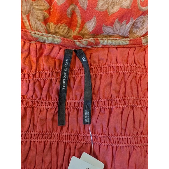 Anthropologie Ruffle Sleeve Smocked Midi Dress Orange Floral Button Front XXS - Picture 15 of 16
